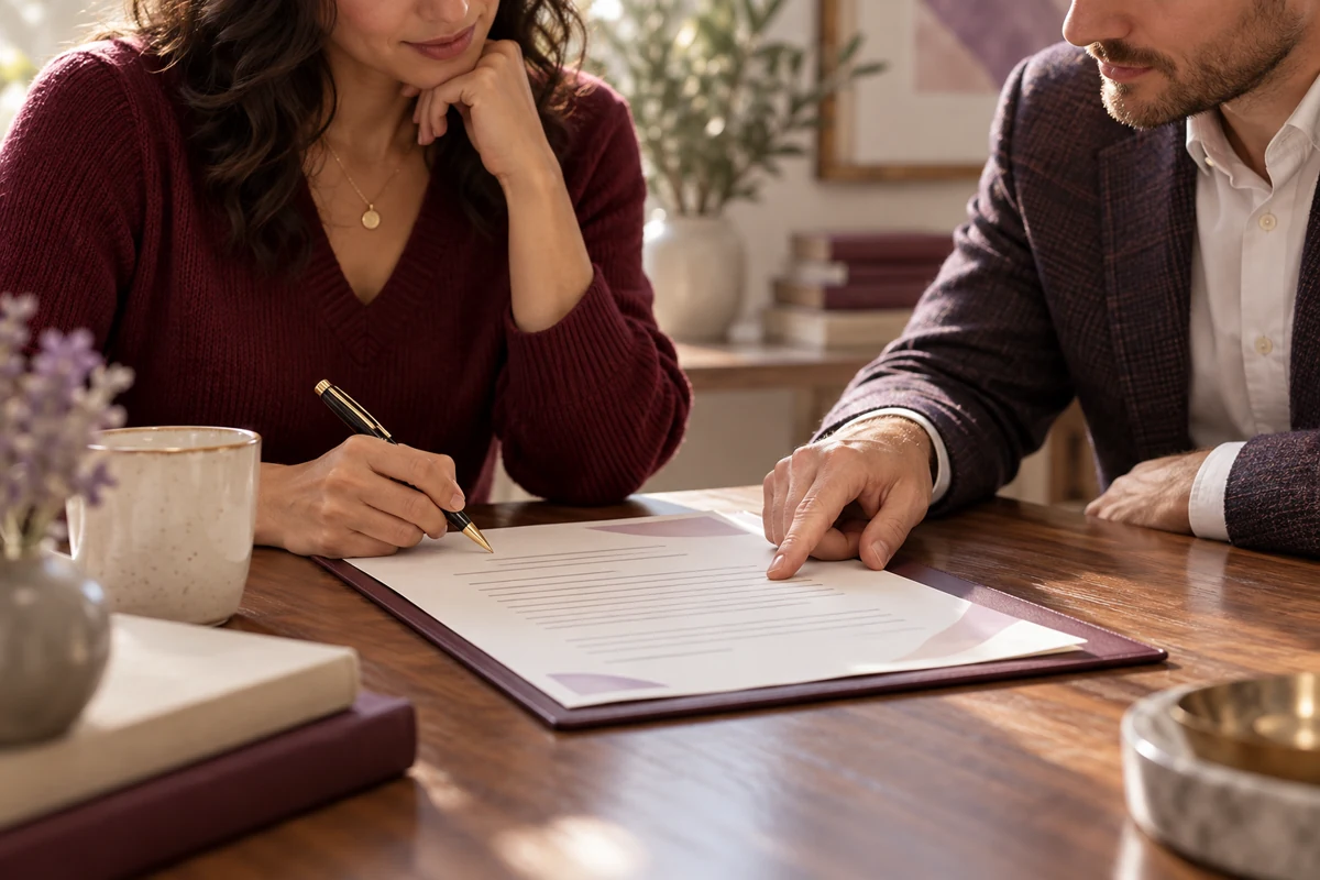 Two people reviewing an agreement at a desk