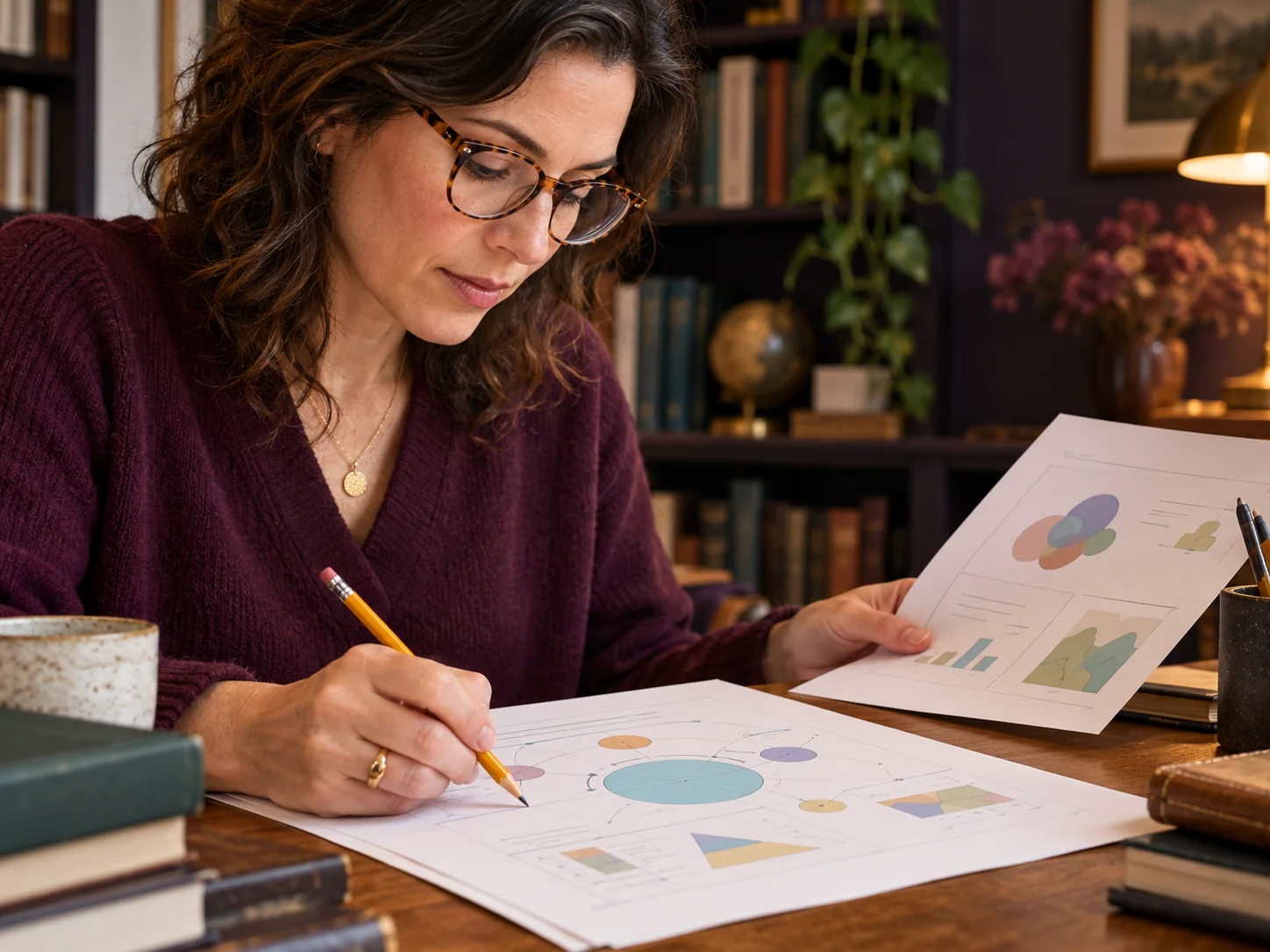 Illustrative education leader reviewing material at a desk