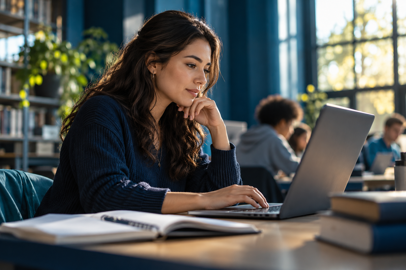 Illustrative educator reviewing learning information at a laptop