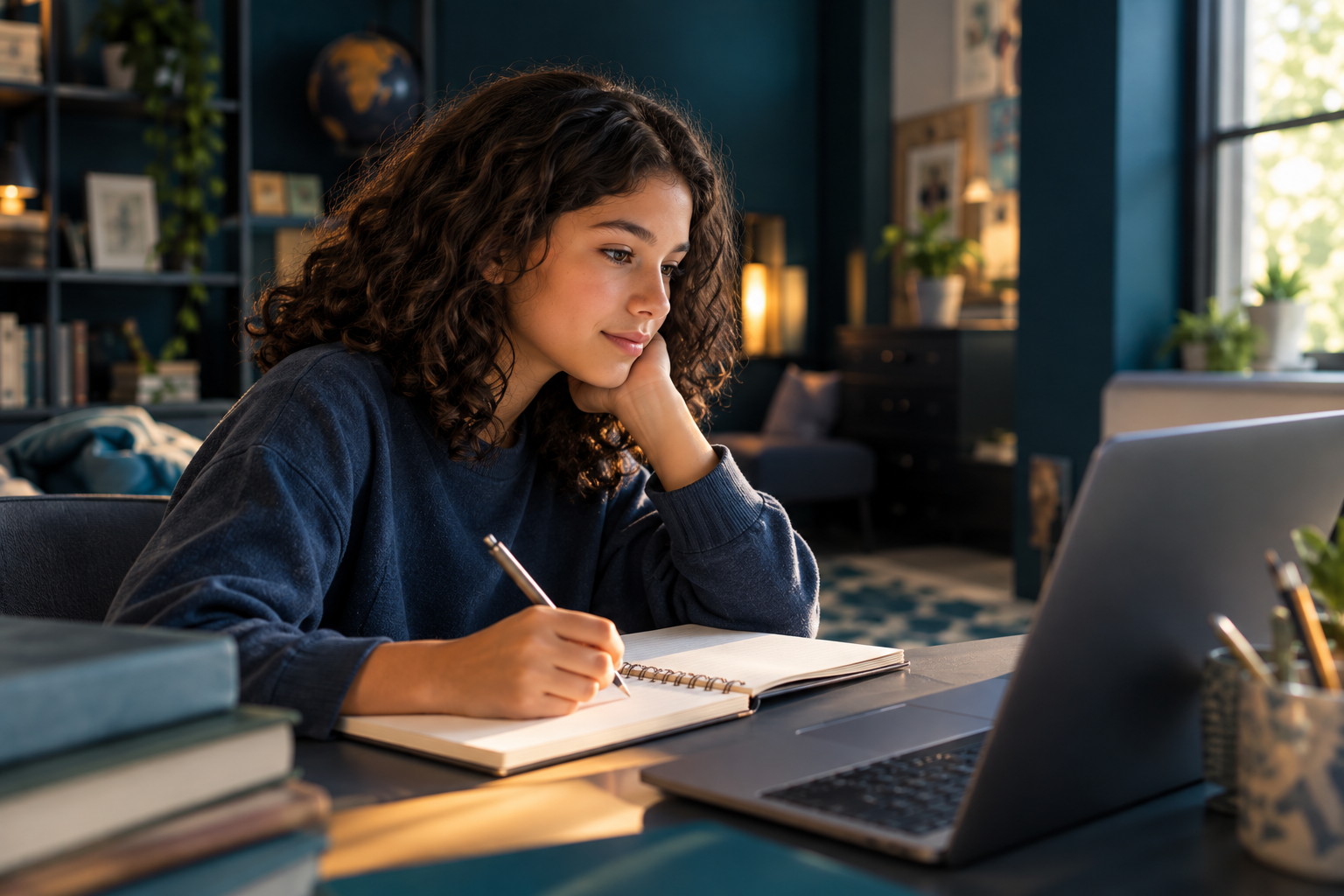 Illustrative student concentrating on learning with a laptop and notebook