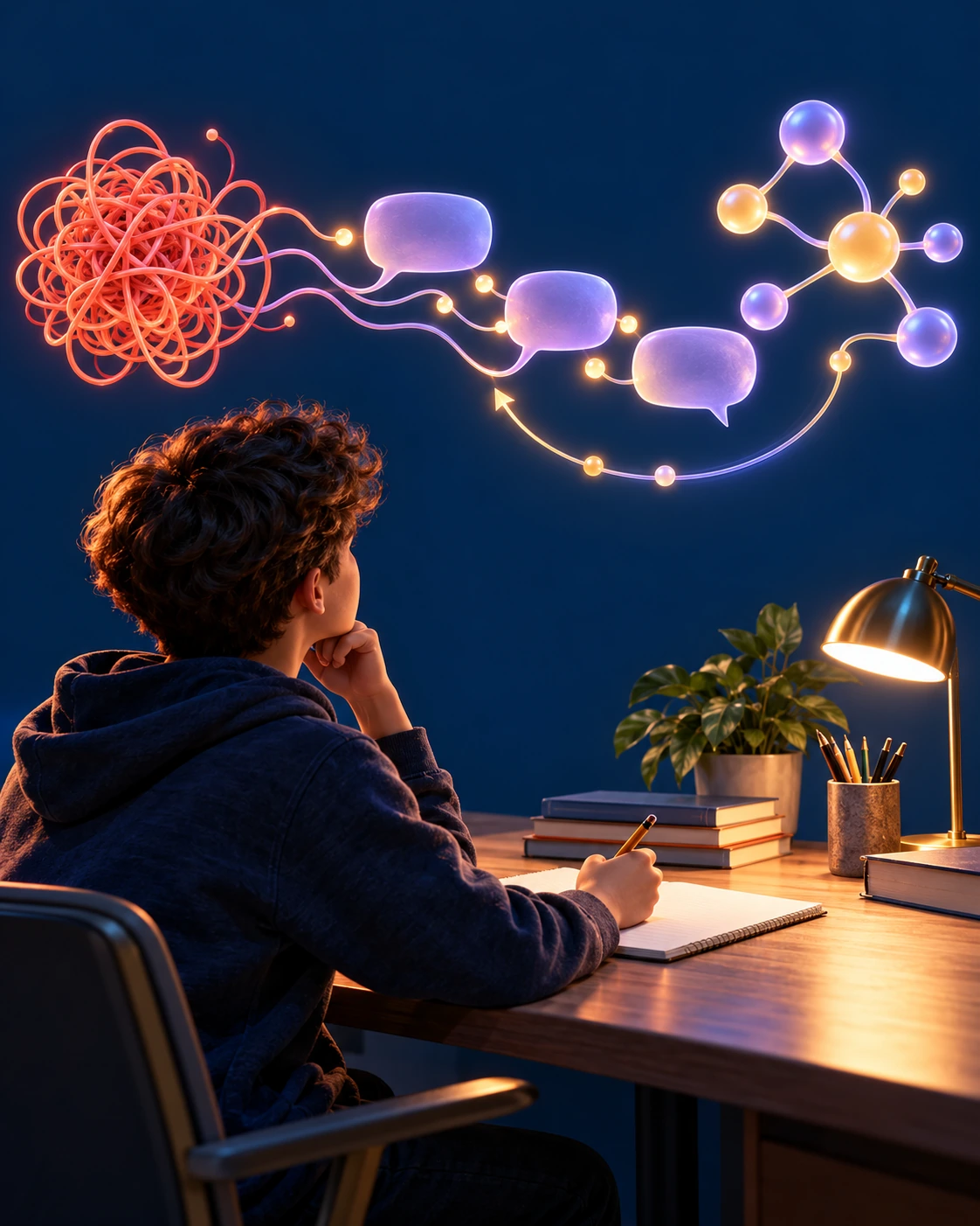 Illustration of a student working through a misconception: questions and hints guide confused thinking toward clear understanding, then understanding is checked again.