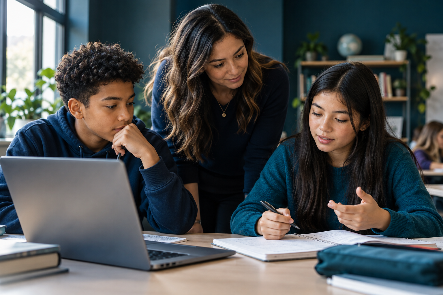 Illustrative teacher giving individual attention to middle school learners